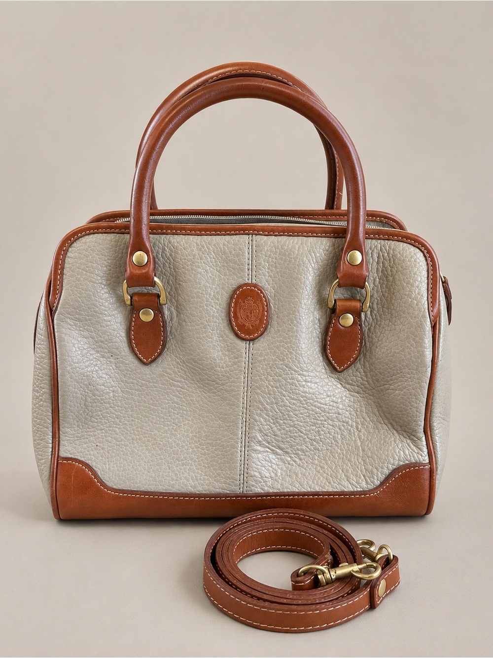 Liz Claiborne Genuine Leather Satchel Crossbody Bag Taupe Brown